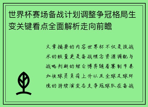 世界杯赛场备战计划调整争冠格局生变关键看点全面解析走向前瞻