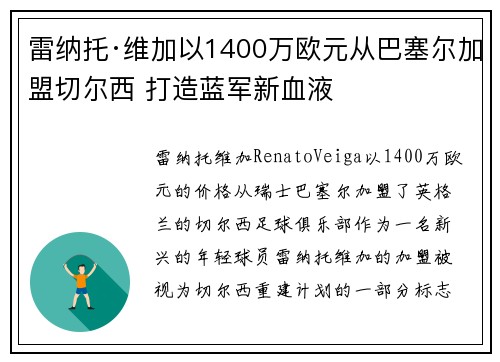 雷纳托·维加以1400万欧元从巴塞尔加盟切尔西 打造蓝军新血液 雷纳托·维加以1400万欧元从巴塞尔加盟切尔西 打造蓝军新血液